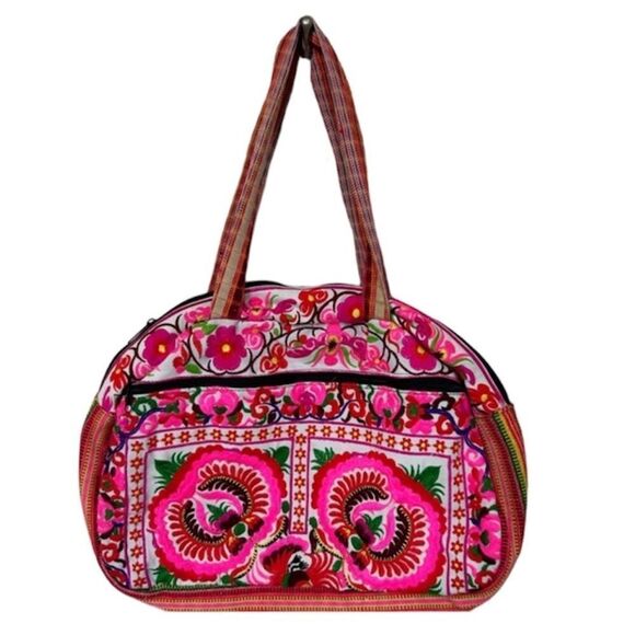 Expressions NYC Pink Red Floral Embroidered Boho Medium Shoulder Tote Bag - Picture 1 of 12